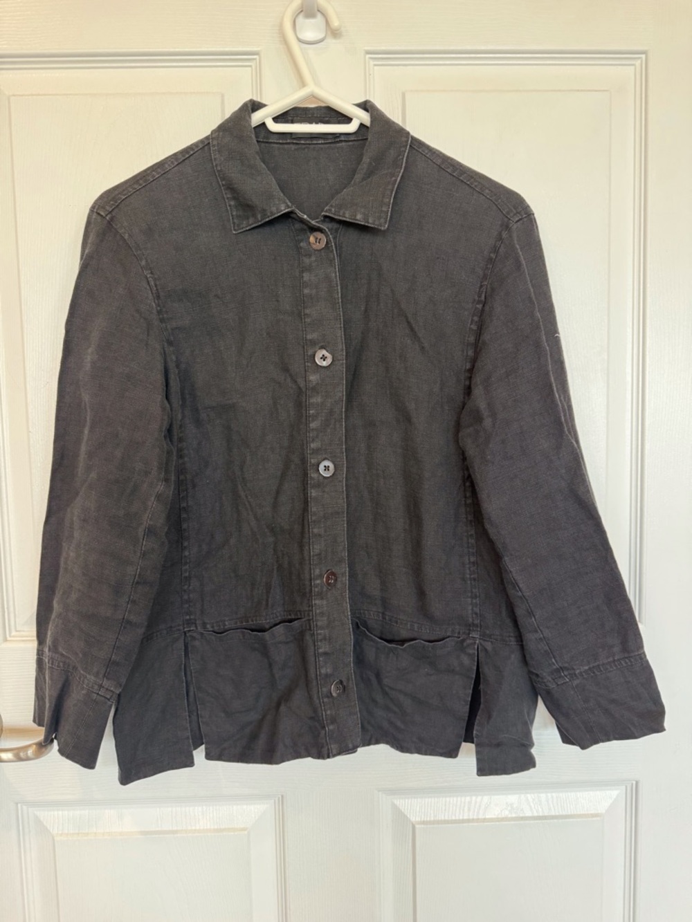 Frapp Linen Jacket button up collared utility washed charcoal color